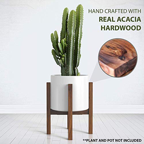 Mid Century Plant Stand - Solid Wood Item Stand Handmade with Acacia - Fits Medium & Large Pots Sizes 8 to 12 inches (Not Included) (Adjustable Width: 8-12 inches, Dark Brown)