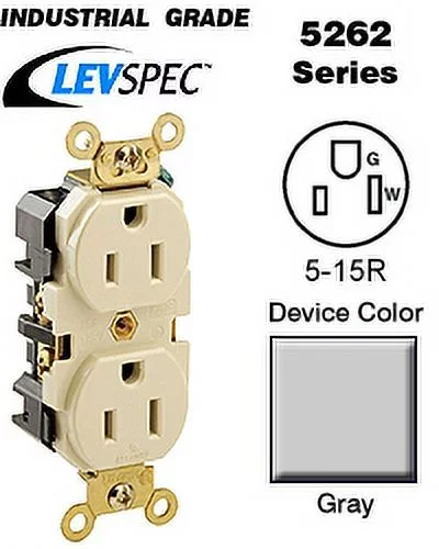 Leviton 5262-GY Duplex Receptacle Industrial Grade 5-15R 15A 125V BandS 8 Hole Feed-Thru Wired - Gray