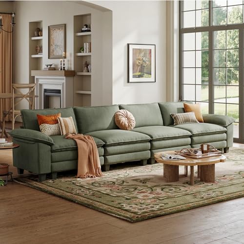 LINSY HOME Modular Sectional Sofa - 123'' Oversized Corduroy Cloud Couch L Shaped Couch with Movable Ottoman Soft Modern Comfy Sofa for Living Room Apartment Office, Green