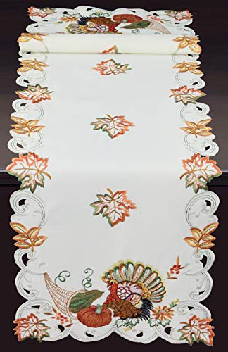 Creative Linens Fall Harvest Thanksgiving Tablecloth, Embroidered Turkey Pumpkin Maple Leaf Sunflower Ivory Holiday Decoration, 52” Round Topper
