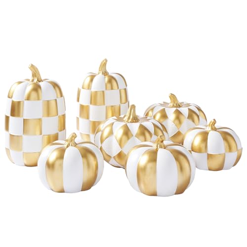 WDS WONDROUS 7PCS Decorative Pumpkins Black and White Halloween & Fall Decor Thanksgiving - Faux Checkered Pumpkins Table Centerpieces - Modern Resin Pumpkin Decorations for Farmhouse