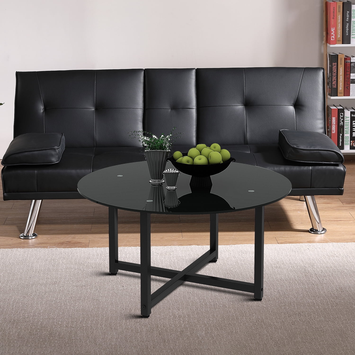 Concise Design Round Coffee Table with Glass Table Top and Metal Base, Black