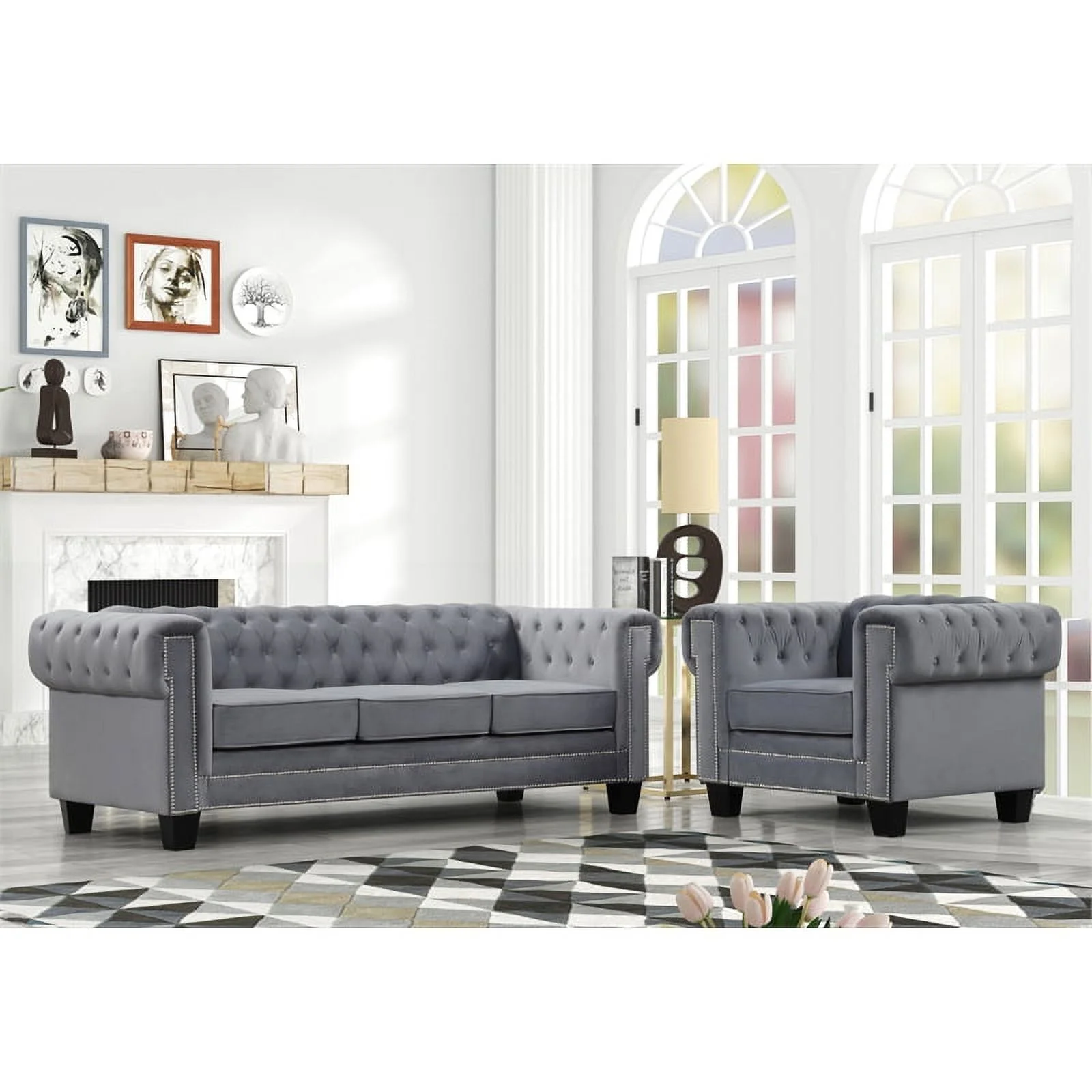 Rnfurnishings inc Arav 2-Piece Living Room Furniture Velvet fabric Set-Gray