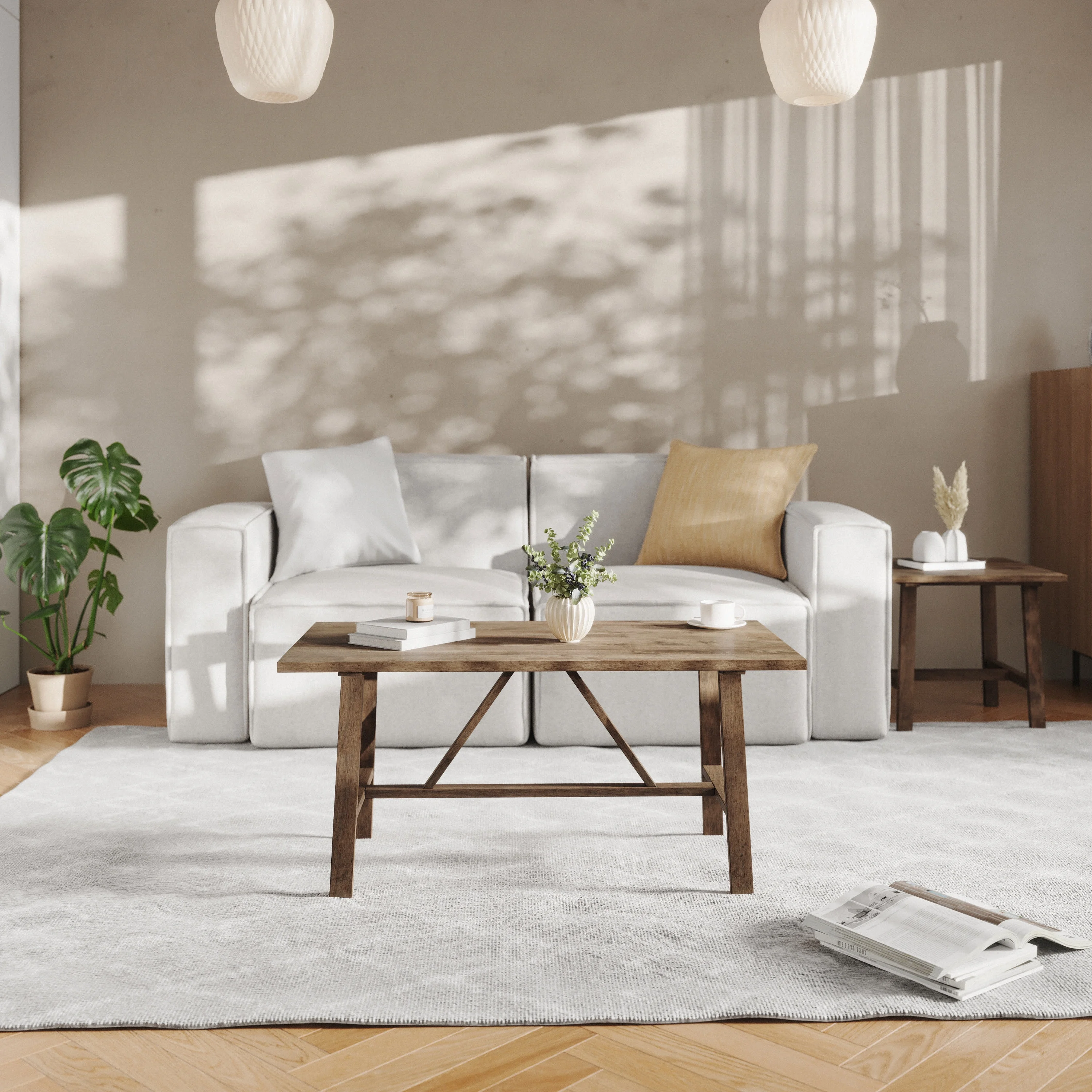 BizChair Solid Wood Farmhouse Coffee Table, Trestle Style Accent Table in Rustic Brown