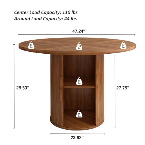 47 inch Round Dining Table for 4, Kitchen Table Dinner Table with 2-Layer Storage Shelf and Wood Slide Door for Home Dining Room Living Room (Walnut)