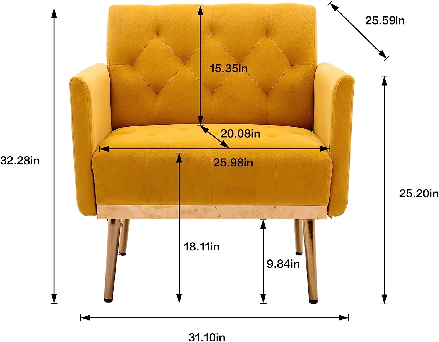 SZLIZCCC Square Velvet Accent Chair, Golden Metal Leg Single Sofa Chair, Living Room Chair, Bedroom Chair, Coffee Chair, Reception Chair
