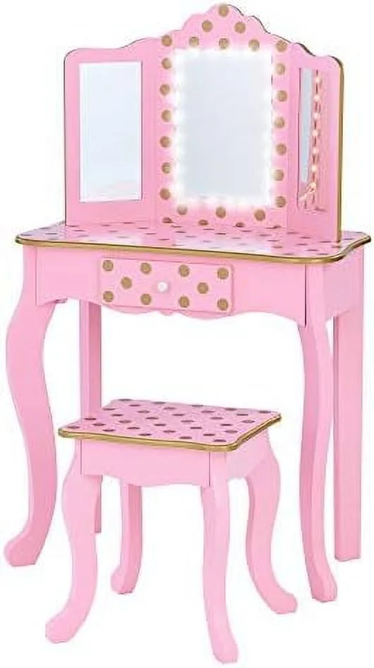 NLIBOOMLife Pretend Play  Vanity Table and Chair Vanity Set with LED Mirror  Dressing Table with Drawer Fashion Polka Dot Prints Gisele Play Vanity Set Pink/Rose Gold