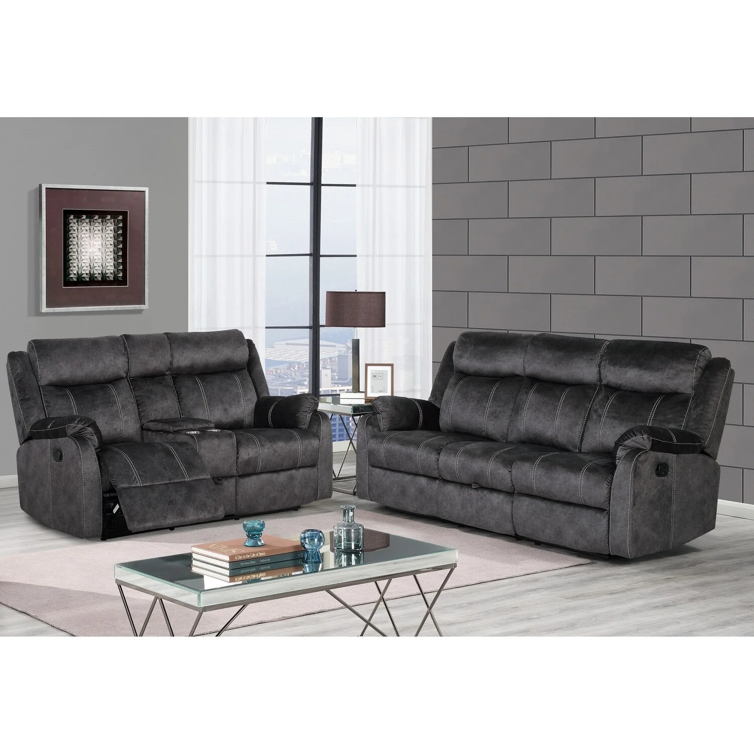 Global Furniture USA Reclining Sofa W/ Drop Down Table & Drawer