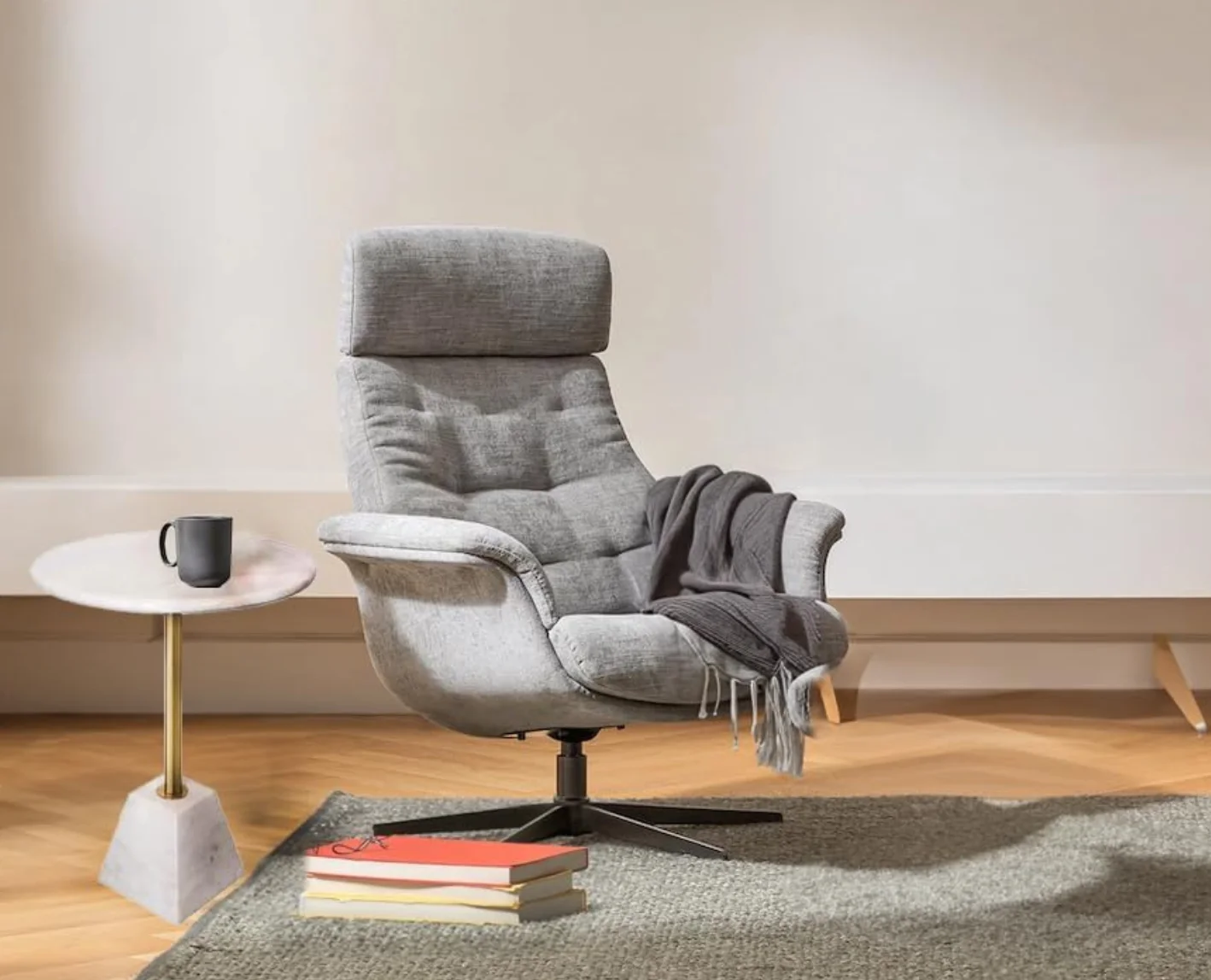 First of a Kind Angela Marble Pedestal Poke Side Table in White With Metal Base