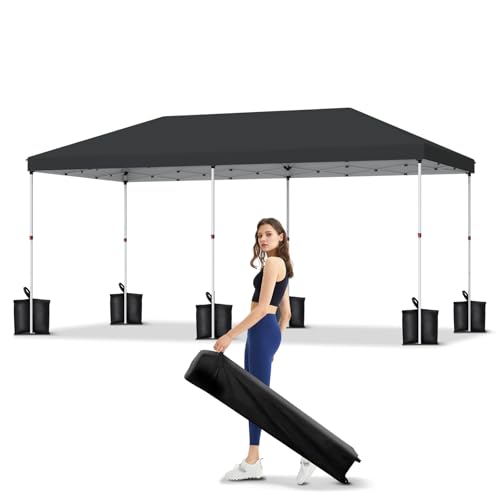10x10 Pop Up Canopy with One Button Push Setup - Heavy Duty Outdoor Canopy Tent with Portable Roller Bag - 3 Adjustable Height, 4 Weight Bags, 8 Stakes & 4 Guy Ropes Included, Black