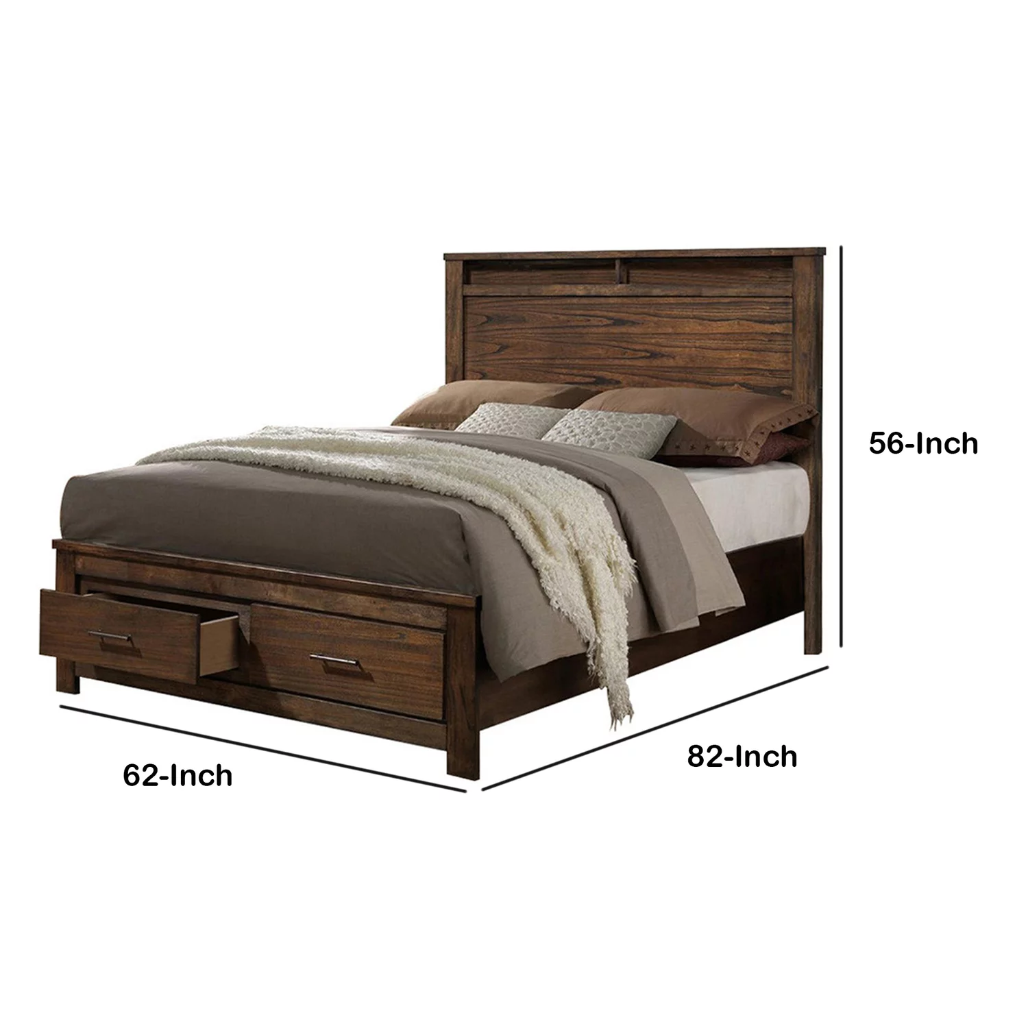 Benzara BM168618 56 x 62 x 82 in. Wooden Queen Size Bed with Display & Storage Drawers, Oak
