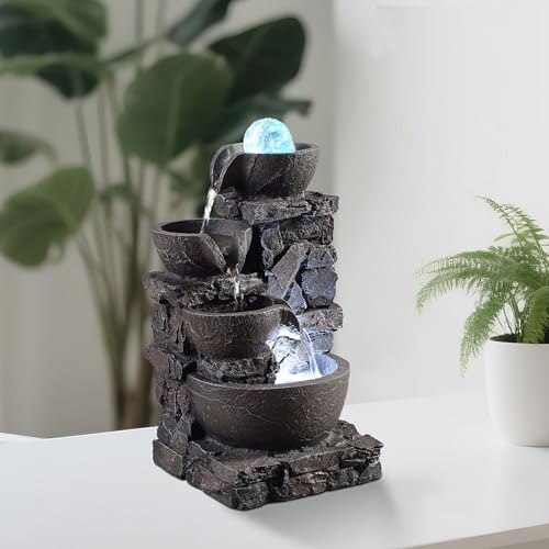 Indoor Tabletop Fountain with 4-Tier Stone Bowls, Rolling Crystal Ball & LED Lights – Tranquil Waterfall Decor for Home, Office or Zen Space (23066)