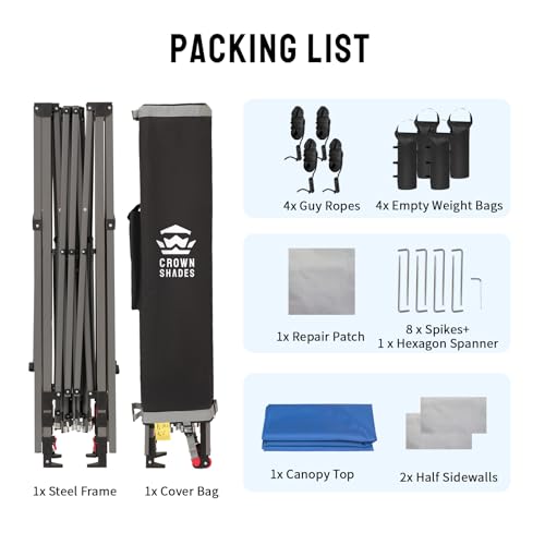CROWN SHADES 10x10 Pop up Canopy Tent Instant Canopy with 150D Silver Coated Fabric Including 2 Half Sidewalls, 4 Ropes, 8 Stakes, 4 Weight Bags, STO 'N Go Bag, Grid Grey
