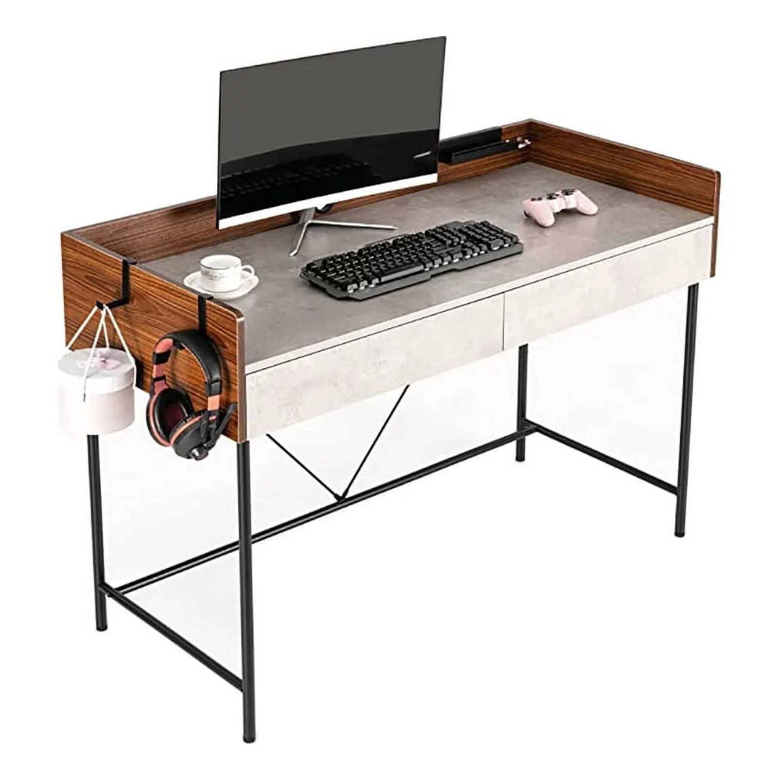 JJS Wood/Metal Home Office Writing Desk with Drawers in Walnut/Cement