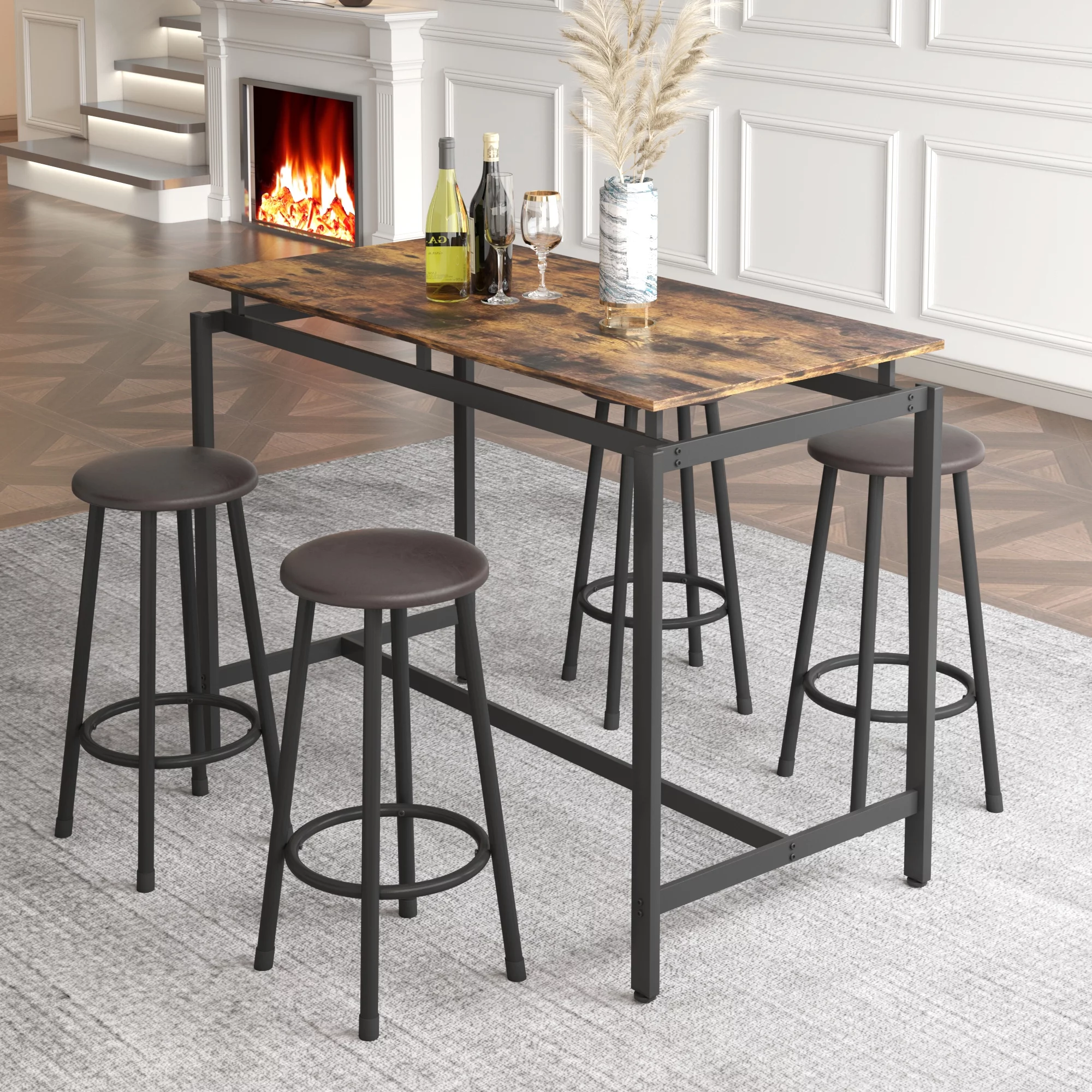 SYNGAR Bar Table Set with 4 Round Cushioned Stools, 5 Pieces Counter Height Pub Table Set, Bistro Set with Rustic Brown Tabletop, Kitchen Dining Table and Chairs Set for 4, D8732