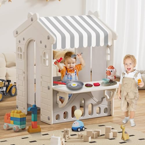 BIERUM Kids Playhouse with Kids Pretend Play Kitchen Toys Set, Indoor Playhouse for Toddlers Aged 1-3, with Windows, Door Curtains and Foldable Stand and Play Platform Beige Gray