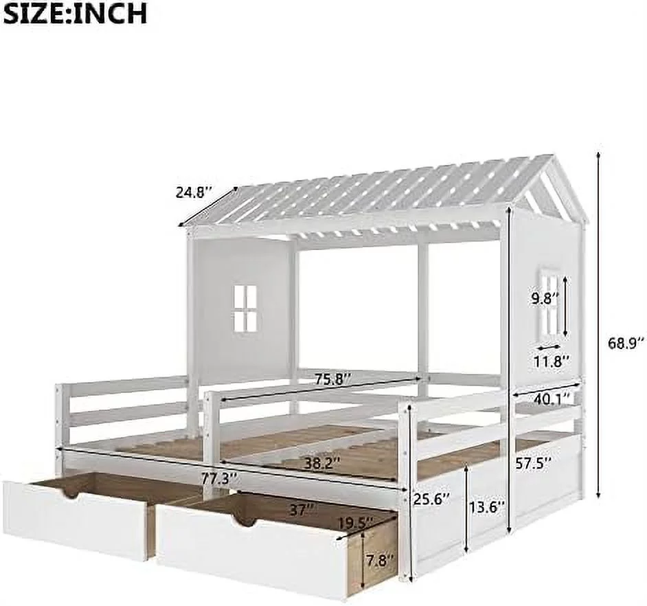 House Bed With 2 Platform Beds, Wood Double Beds Frame With 2 Storage Drawers, Roof, Windows, Guardrail, 2 In 1 Bed No Box Spring Needed (White)