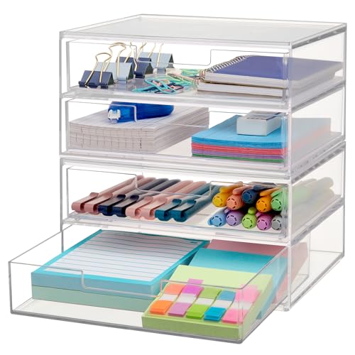 STORi Chloe Space-Saving Clear Drawer Organizer (4 Wide Drawers) Sort Office, Kitchen, Beauty Supplies, Makeup, Pens, Jewelry, Stationary, Made in USA