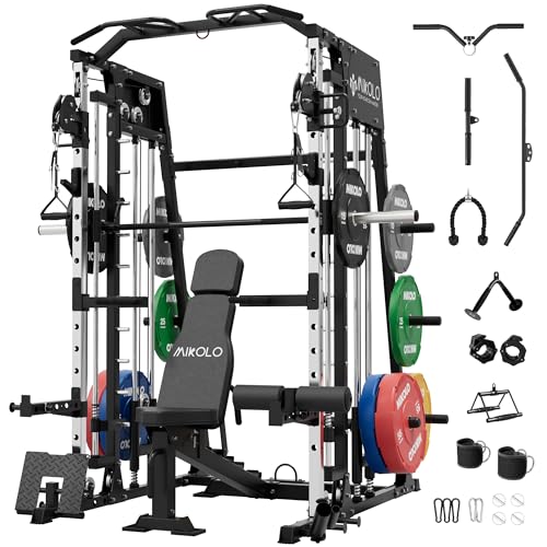 Mikolo Smith Machine, 2200lbs Squat Rack with LAT-Pull Down System & Cable Crossover Machine, Training Equipment with Leg Hold-Down Attachment