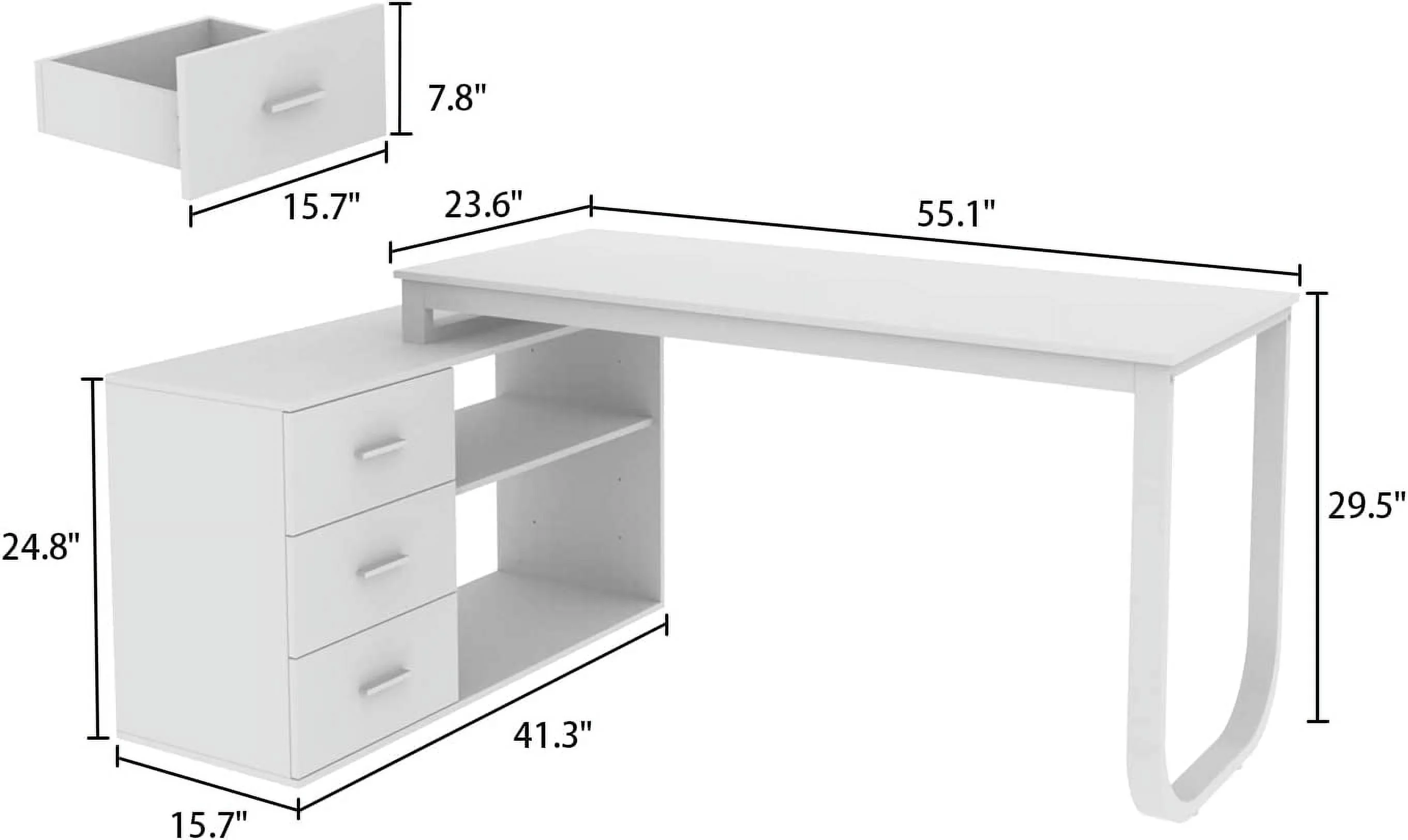 55.1" Large L-Shaped Office Desk with 41.3" File Cabinet  Corner Computer Desk with 3 Drawers & 2 Shelves  Workstation Executive Desk with Storage Shelf for Home Office (White