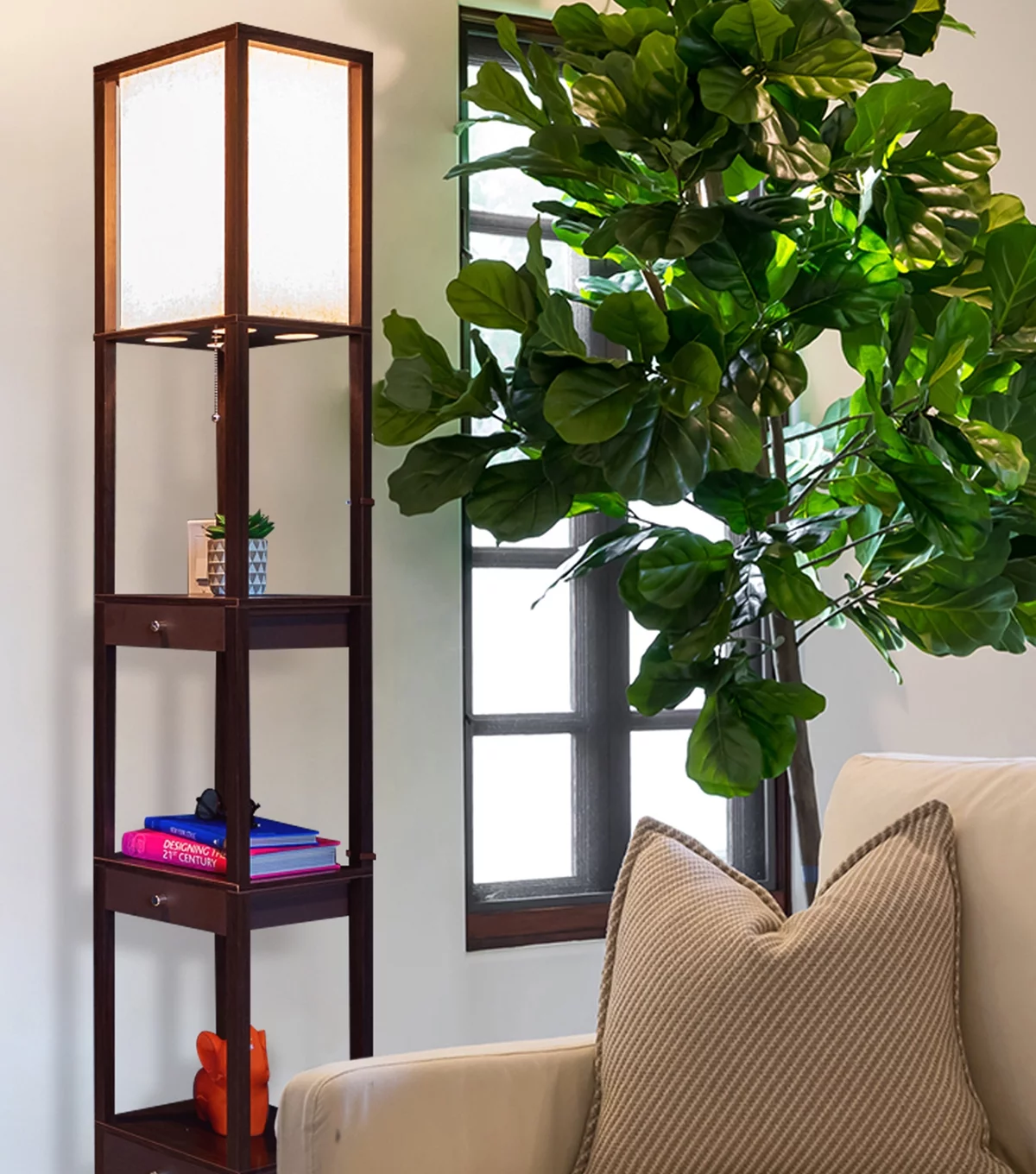 Brightech Maxwell Standing Tower Floor Lamp w/ Shelves and Drawers, Havana Brown