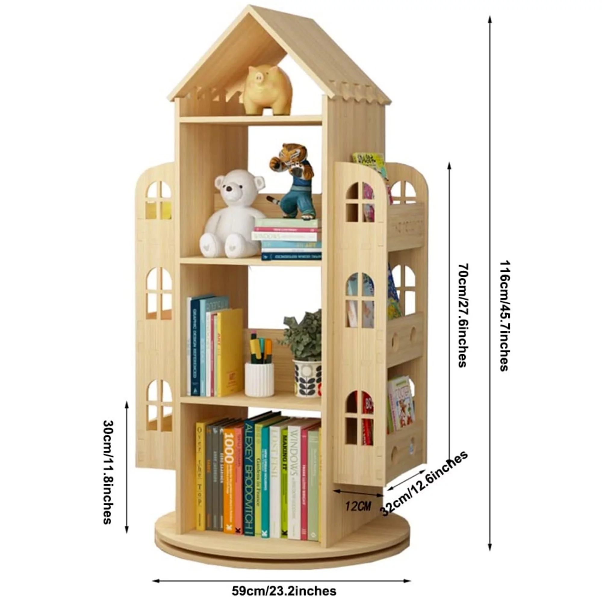 4-Tier Rotating House-Shaped Bookshelf, 360° Solid Wood Rotating Stackable Shelves Bookshelf Organizer for Home, Bedroom, Office
