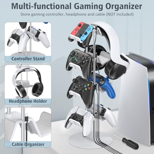 Kytok Controller Stand 4 Tiers with Cable Organizer for Desk, Universal Headphone Stand Compatible with Xbox PS5 PS4 Nintendo Switch, Headset Holder & Desk Mounts for 8 Packs Controller
