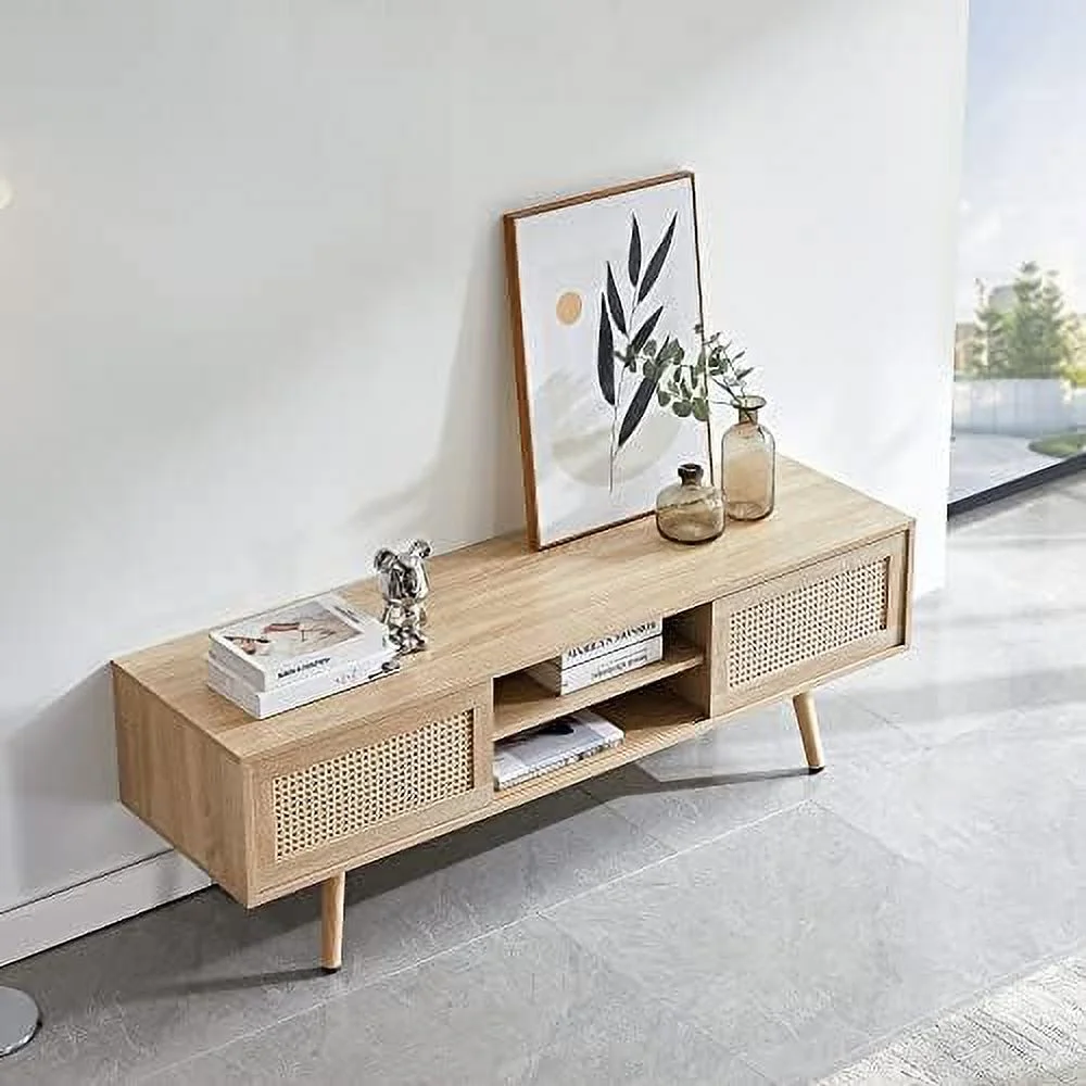 Mid Century  TV Stand for Living Room with   55.12 Inch Rectangle TV Medie Console for TVs Up to 60"  Wooden TV Cabinet Entertainment Center with Sliding PE Rattan Woven Door Panel