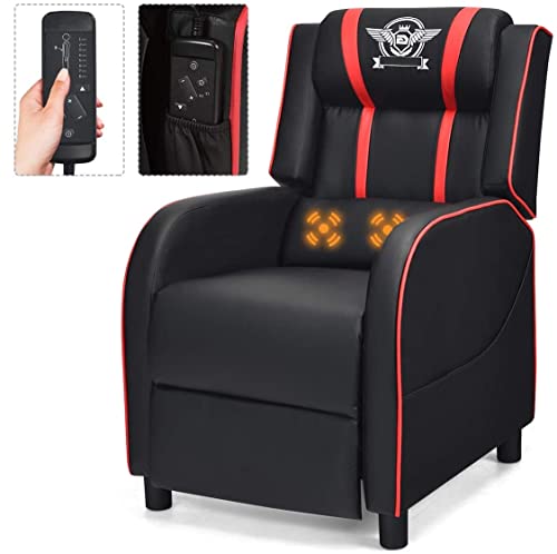 BUSHLY Adjustable Gaming Recliner Chair, Racing Style Massage Single Sofa with Headrest & Lumbar Pillow, PU Leather Video Recliner for Home, Movie Theater, Living Room, Game Room (Red)
