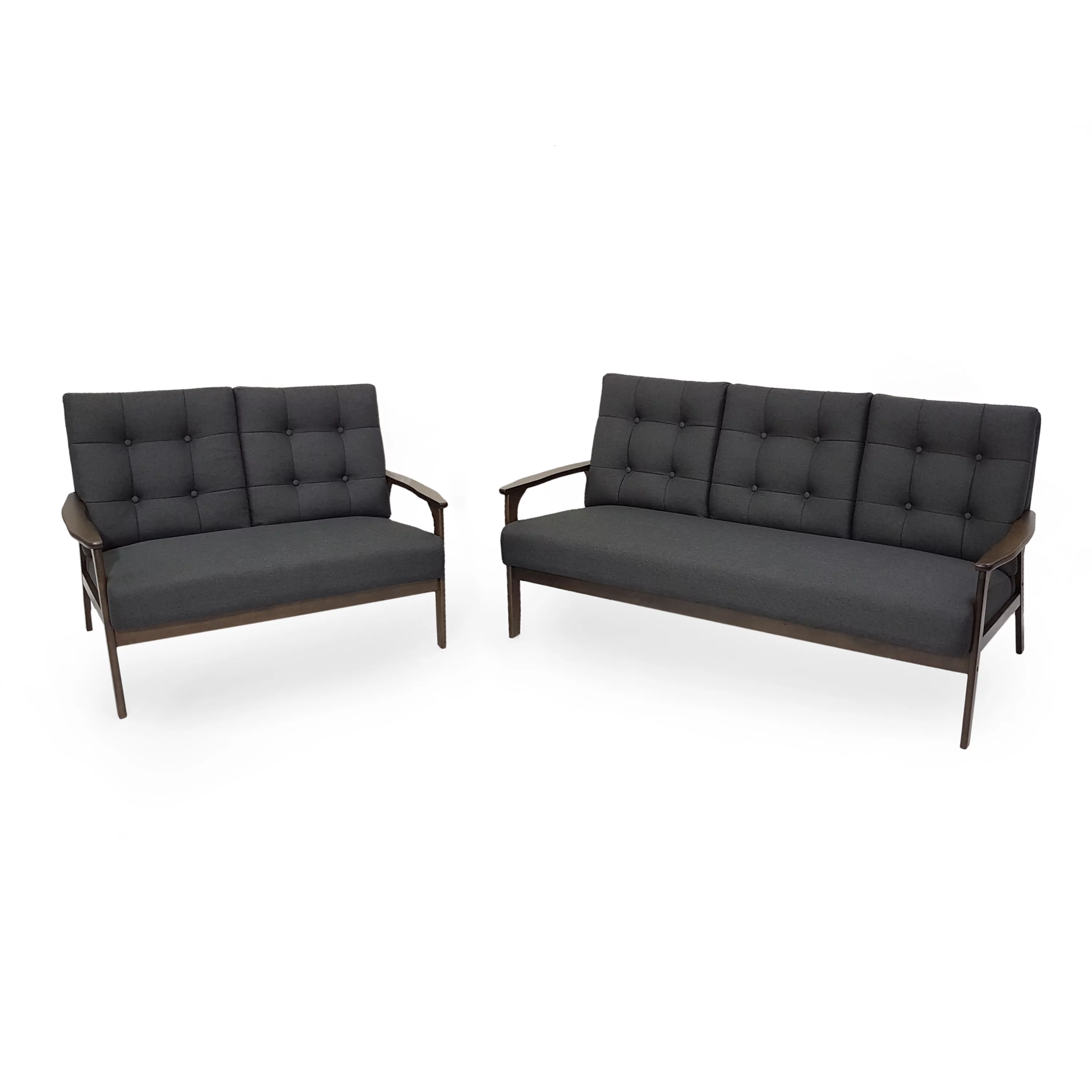 GDF Studio Prescott Mid Century Modern Fabric Tufted 2 Piece Sofa and Loveseat Living Room Set, Charcoal Gray and Walnut