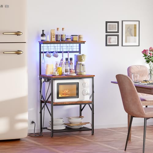 Furologee Bakers Rack with Power Outlet and LED Light, Small Microwave Stand with 4 Tier Shelves, Coffee Bar Station Table with 6 S Hooks, Kitchen Storage Rack for Spices, Pots, Rustic Brown