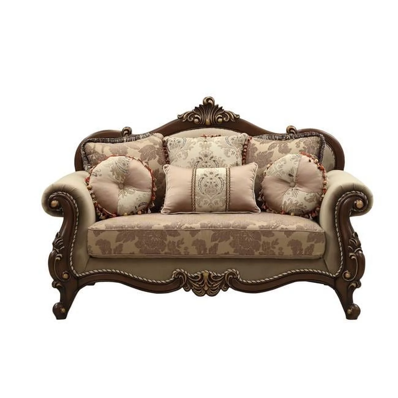 38 x 69 x 45 in. Fabric Walnut Upholstery Wood Leg & Trim Loveseat with 6 Pillows