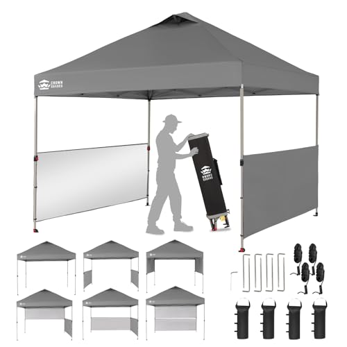 CROWN SHADES 10x10 Pop up Canopy Tent Instant Canopy with 150D Silver Coated Fabric Including 2 Half Sidewalls, 4 Ropes, 8 Stakes, 4 Weight Bags, STO 'N Go Bag, Grid Grey