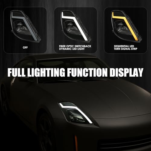 Spec-D Tuning Black Smoke Sequential Switchback Projector Headlights w/LED Strip and Startup Animation Compatible with 2003-2005 Nissan 350Z, Left + Right Pair Headlamp Assembly