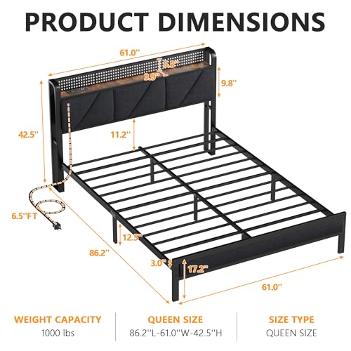 Furnulem Full Bed Frame with LED Lights,Headboard with Charging Station and USB Port,Upholstered Platform Bedframe Metal Support,No Box Spring Needed