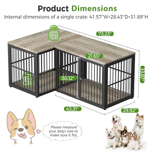 86.62''Dog Crate Furniture Large Breed TV Stand with Double Rooms,Wooden Dog Kennel Dog Crate End Table with Removable Divider for Large Medium Dogs, Can Use Separately, Brown