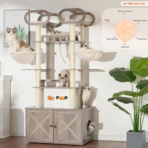 Heybly Cat Tree with Litter Box Enclosure, 76.8-inch Wooden mainecoons Cat Tower with Food Station,Extra Large Platforms, Modern Big Cat Condo Furniture with All-sisal Scratching Post, Walnut HCT111WB