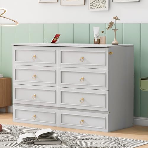Merax Queen Murphy Bed Cabinet with Storage Drawers, Wood Folding Wall Bed with Charging Station, Space-Saving Bedframe for Bedroom, Guest Room, Home Office, White