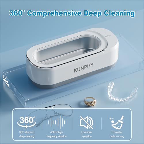 KUNPHY Ultrasonic Jewelry Cleaner, Jewelry Cleaner Machine 12oz 46KHz, Professional Sonic Cleaner with One-Touch Operation, Sonic Cleaner for Rings, Glasses, Jewelry, Dentures White