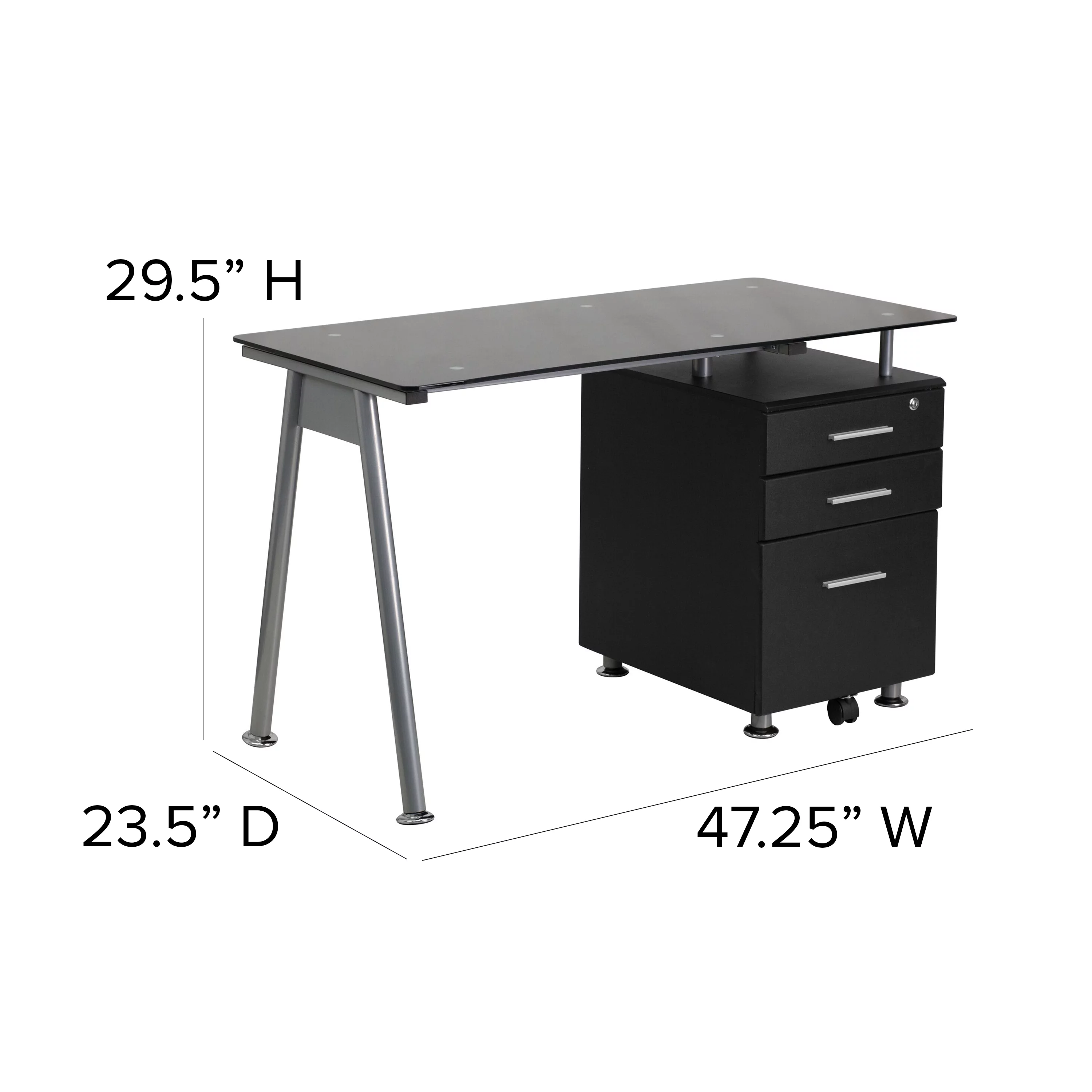 Emma + Oliver Black Glass Computer Desk with Three Drawer Pedestal