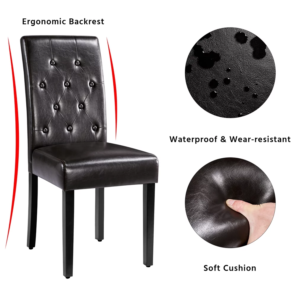 Topeakmart 2pcs Tufted Padded Faux Leather Dining Chair Kitchen Chair with Solid Wood Legs, Brown