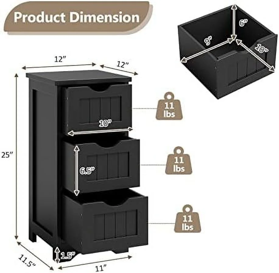 HJZBNONE Bathroom  Cabinet  Space-Saving Slim  Cabinet with 3 Drawers  Freestanding Wooden Narrow Floor Cabinet for Living Room Bathroom Bedroom Entryway (Black)