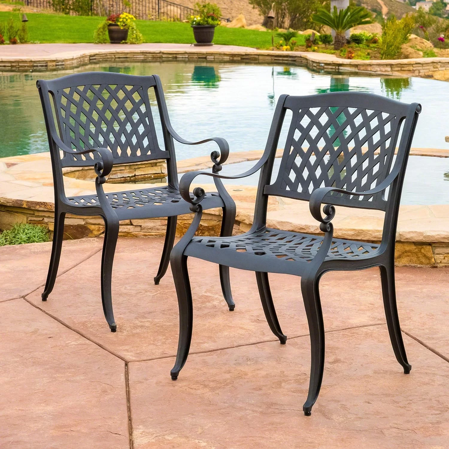 Hallandale Outdoor Cast Aluminum Chairs, 2-Pcs Set, Antique Matte Black