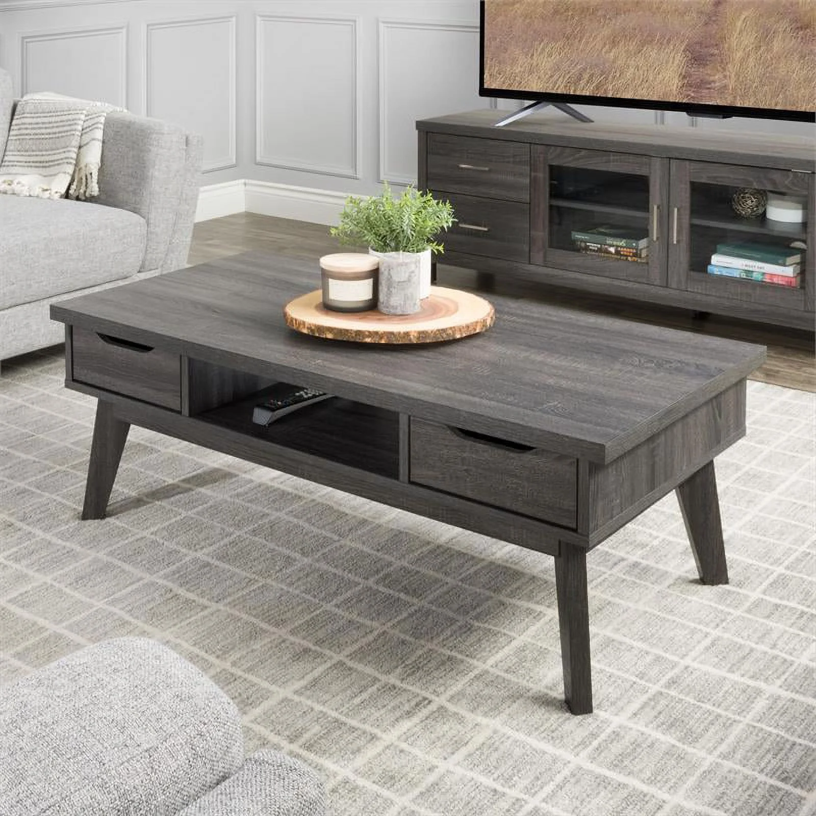 Hollywood Mid Century Dark Gray Engineered Wood Coffee Table with Drawers