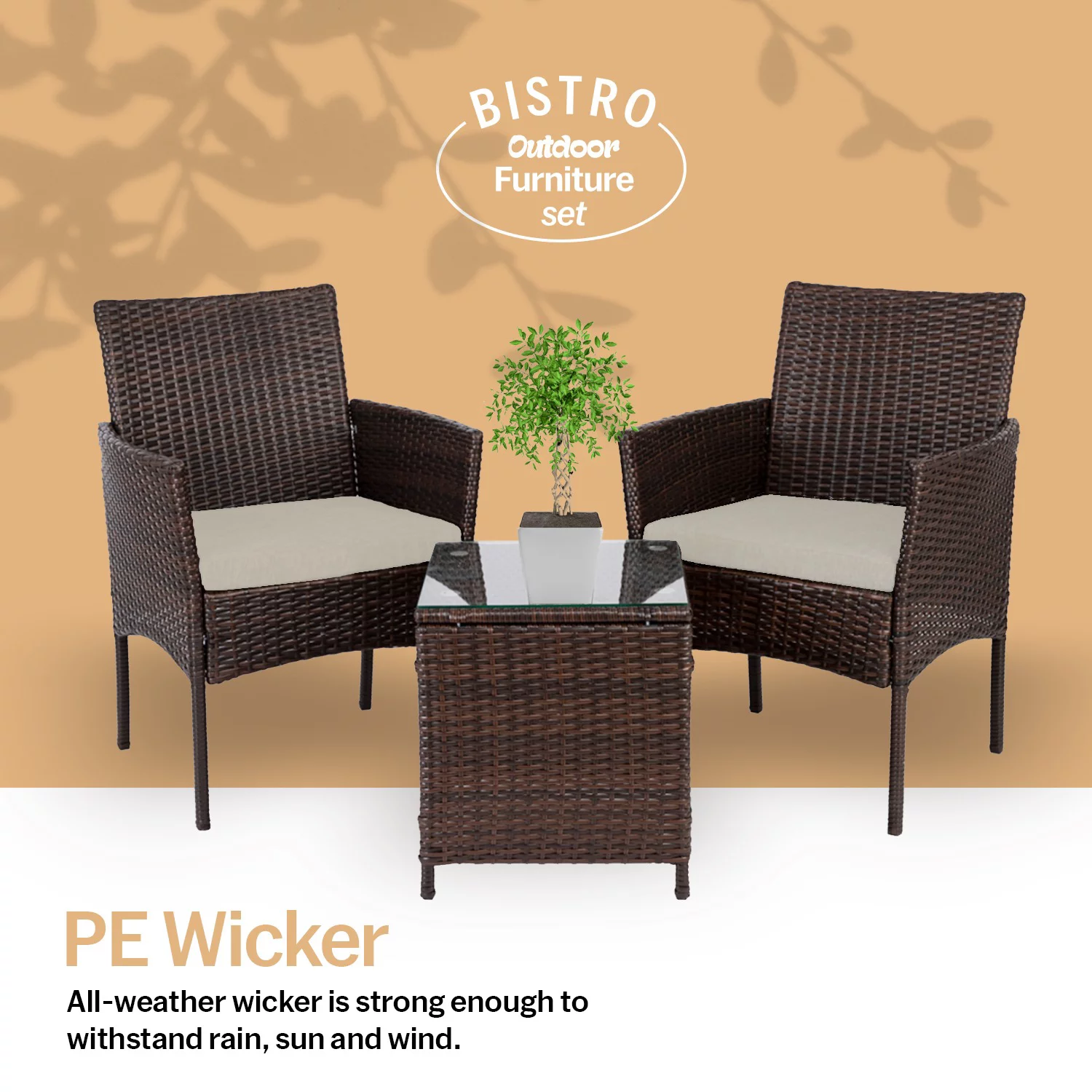 Sofia 3 Piece Rattan Bistro Patio Furniture Set- 2 Metal & Soft Cushion Chairs With a Beautiful Cafe Table - Beige