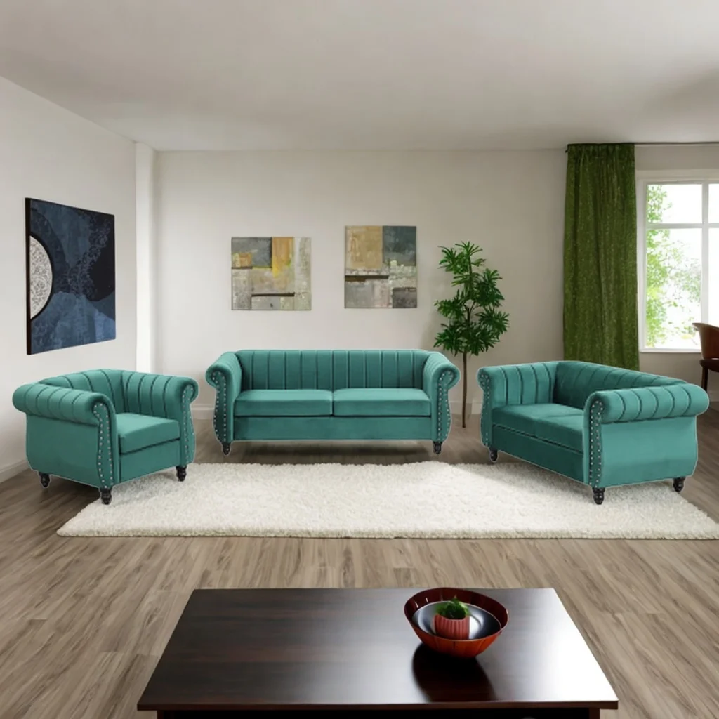 Modern Three-Piece Sofa Set with Solid Wood Legs, Buttoned Tufted backrest, Frosted Velvet upholstered Sofa Set Three-Seater Sofa, Double Seater and Living Room Furniture Set Single Chair (Green)
