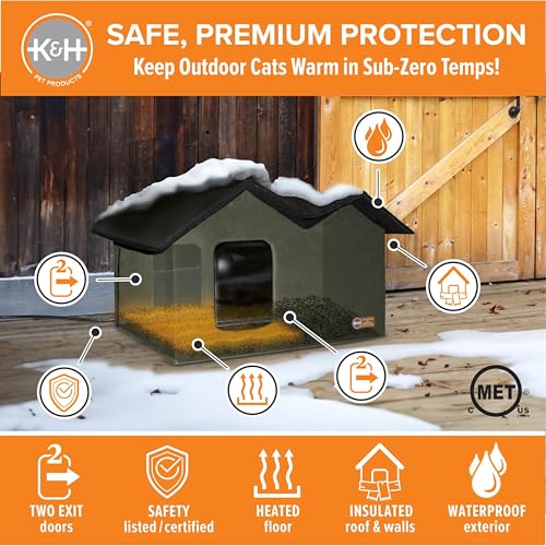 K&H Pet Products Extra-Wide Heated Outdoor Cat House for Outside Pets in Winter, Weatherproof Outdoor House for Ferals, Insulated Shelter, 2 Doors, Waterproof Heated Cat Bed, Safety Listed - Olive