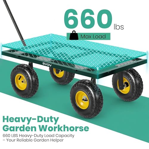 GVDV 660LB Garden Cart with Liner, Heavy Duty Steel Garden Wagon, Folding Utility Wagon with Removable Sides and 10