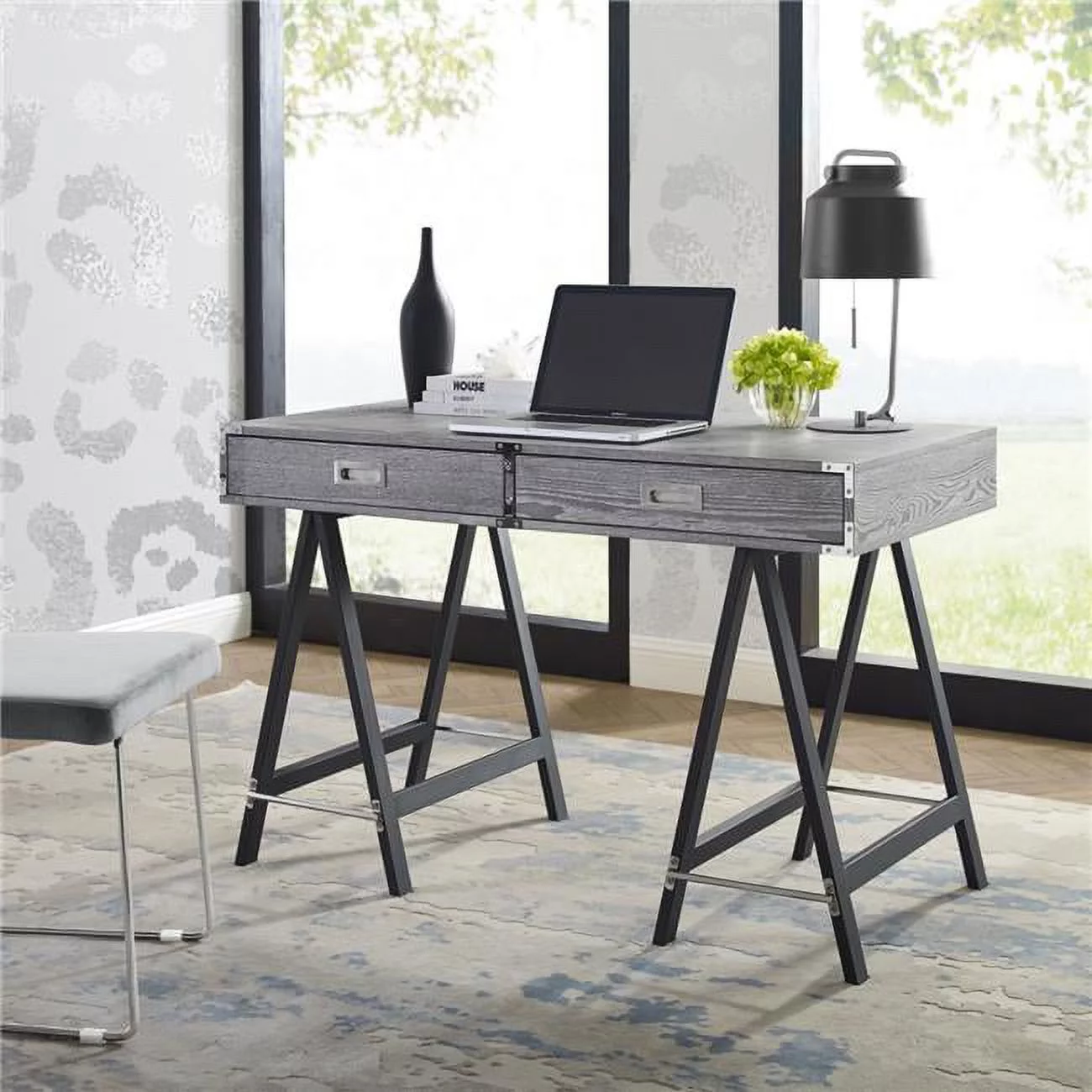 Posh Living Alleyne 2-Drawers Rectangle Wood Writing Desk in Gray