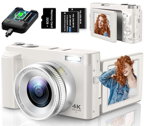 4K Digital Camera for Photography, UHD Autofocus 48MP 180° Flip Screen 16X Zoom Compact Point Shoot Vlogging Camera for YouTube with 2 Batteries, 32GB Card (Black)